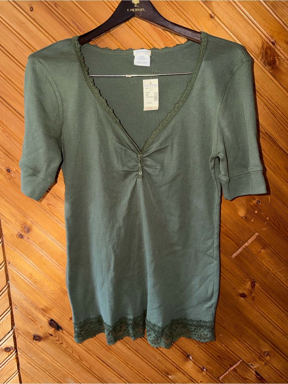 New tags, Y2K old stock olive drab long tee with lace Large